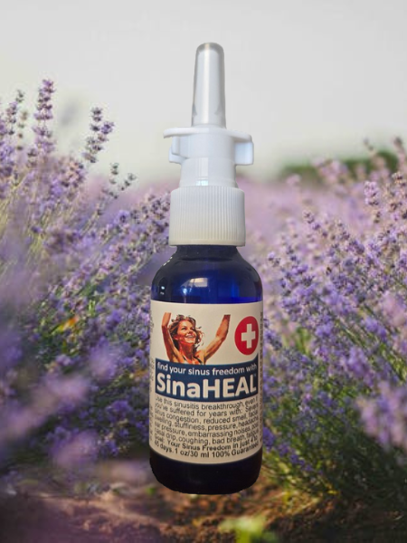 Sinaheal bottle in front of lavendar plants