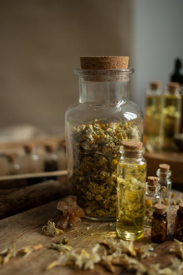 Blended herbs in apothacary bottles